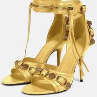 Studded Buckle Strap Round Toe Stiletto Sandals - Thumbnail 4