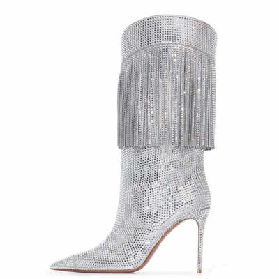 Winter glam high heel rhinestone suede knee boots