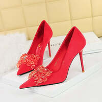 Velvet Embellished Gemstone Bow Detail Stiletto Heels Shoes - Thumbnail 3