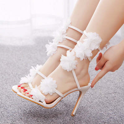 White floral strappy high heel peep toe sandals