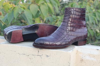 Crafted Leather Classic Dress Shoes Purple Patina Leather Ankle High Side Zipper Boot