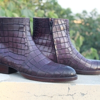 Crafted Leather Classic Dress Shoes Purple Patina Leather Ankle High Side Zipper Boot - Thumbnail 3