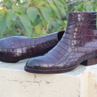 Crafted Leather Classic Dress Shoes Purple Patina Leather Ankle High Side Zipper Boot - Thumbnail 5