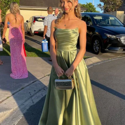 Strapless a line green satin prom dresses
