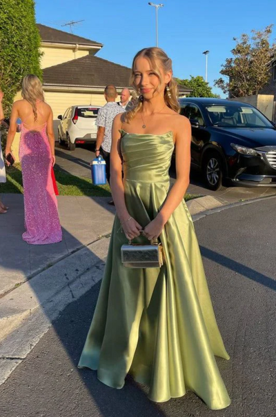 Strapless A Line Green Satin Prom Dresses