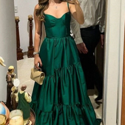 A line straps green long formal dress party gown