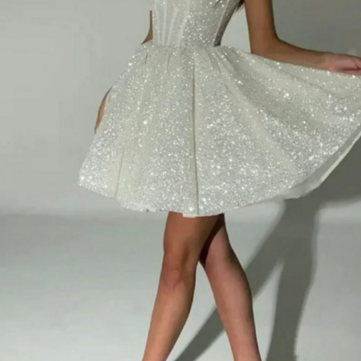 Spaghetti straps a line sparkling short homecoming dress with lace up back