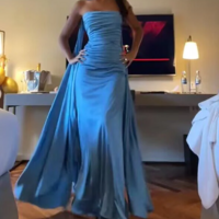 Strapless A Line Blue Satin Long Prom Dresses - Thumbnail 3