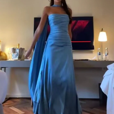 Strapless a line blue satin long prom dresses