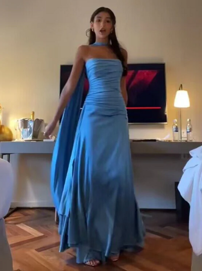 Strapless A Line Blue Satin Long Prom Dresses