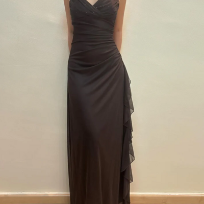 A line v neck long ruffle  prom dresses