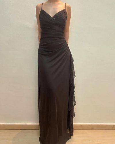 A Line V Neck Long Ruffle  Prom Dresses