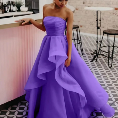 Strapless a line purple long formal evening dress