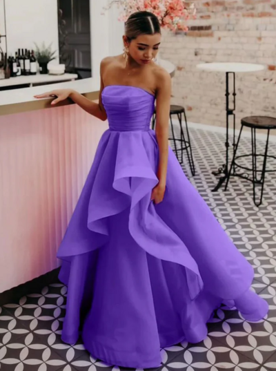 Strapless A Line Purple Long Formal Evening Dress