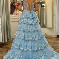 Light Blue Long Off the Shoulder Ruffle Tiered Prom Dresses ,PD230565 - Thumbnail 1