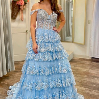 Light blue long off the shoulder ruffle tiered prom dresses ,pd230565