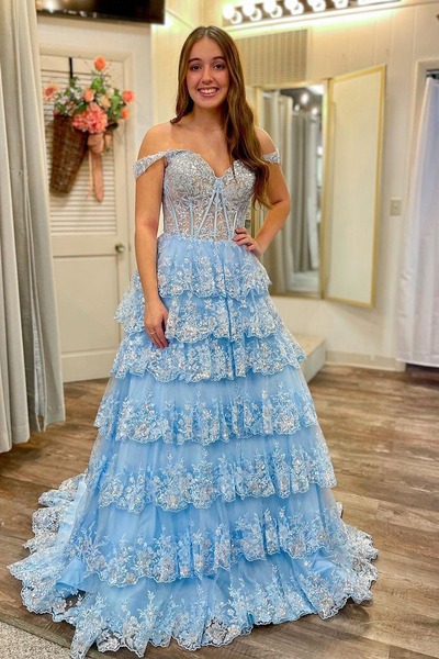 Light Blue Long Off the Shoulder Ruffle Tiered Prom Dresses ,PD230565