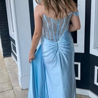 Sparkly One Shoulder Light Blue Beaded Corset Long Satin Prom Dress ,PD230567 - Thumbnail 1