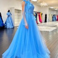 One Shoulder Light Blue Tulle Long Prom Dresses with Lace Appliques,PD230577 - Thumbnail 2