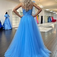 One Shoulder Light Blue Tulle Long Prom Dresses with Lace Appliques,PD230577 - Thumbnail 1