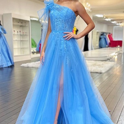 One shoulder light blue tulle long prom dresses with lace appliques,pd230577