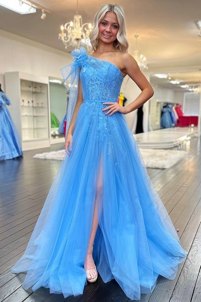 One Shoulder Light Blue Tulle Long Prom Dresses with Lace Appliques,PD230577