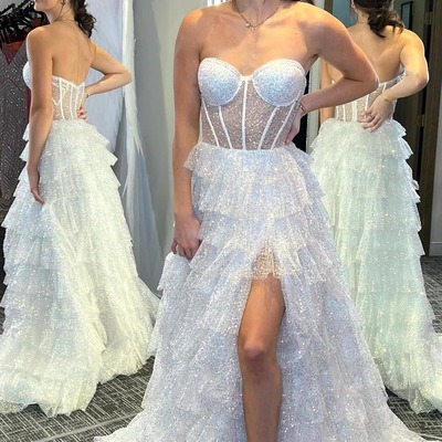 Long glitter tulle corset ruffle tiered prom dress with slit,pd230581
