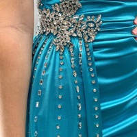 Spaghetti Strap Teal Blue Beaded Long Gown with Attached Train,PD230582 - Thumbnail 2