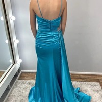 Spaghetti Strap Teal Blue Beaded Long Gown with Attached Train,PD230582 - Thumbnail 1