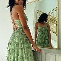 V Neck A-Line Sage Green Tulle Long Prom Dresses with Appliques,PD230586 - Thumbnail 1