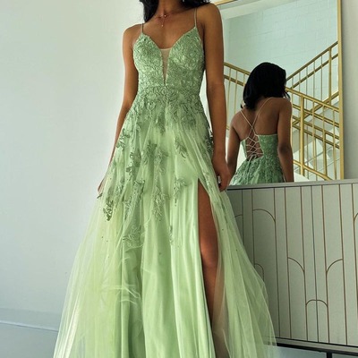 V neck a-line sage green tulle long prom dresses with appliques,pd230586