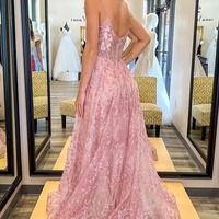  A-Line Glitter Sequin Lace Spaghetti Strap Long Prom Dress,PD230587 - Thumbnail 1