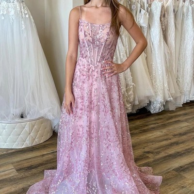  a-line glitter sequin lace spaghetti strap long prom dress,pd230587