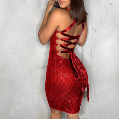 Women'S Sleeveless Sequins Red Dress