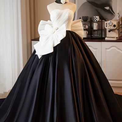 White and black long prom dress, a-line evening party dress - Thumbnail 1