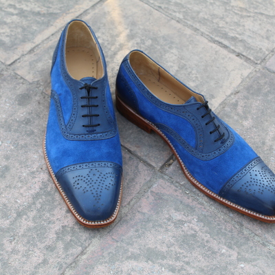 Crafted leather handmade men blue leather and suede contrast oxford dress lace up formal shoes - Thumbnail 4