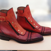 Crafted Leather Men's Italian Dress Designer Brown Plato Buckle Boots with Zipper and Button - Thumbnail 2