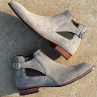 New Handmade Men's Chelsea Suede Gray Buckle Boot - Thumbnail 1
