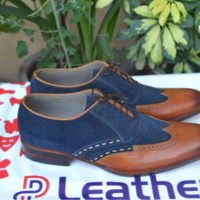 Crafted Leather Handmade Brown Leather and Blue Suede Wingtip Oxford Lace up Dress Shoes - Thumbnail 1