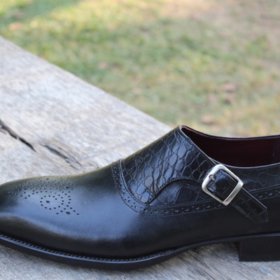  crafted leather handmade men alligator black monk strap crocodile dress shoes - Thumbnail 4