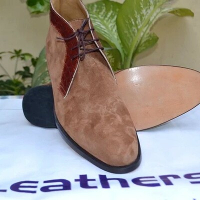 Crafted leather brown suede lace up chukka boot for men - Thumbnail 5