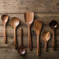 Nordic 7 pieces Set Teak Natural Wood Tableware Spoon Ladle Turner Long Rice Colander Soup Skimmer Cooking Spoons Scoop Kitchen Tool Set