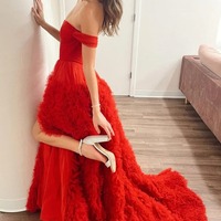  Long Off-the-Shoulder Red Ruffle Prom Dress with Slit,PD230588 - Thumbnail 1