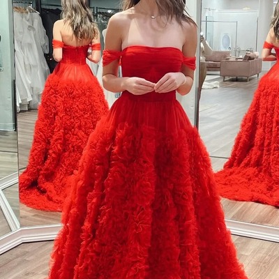  long off-the-shoulder red ruffle prom dress with slit,pd230588