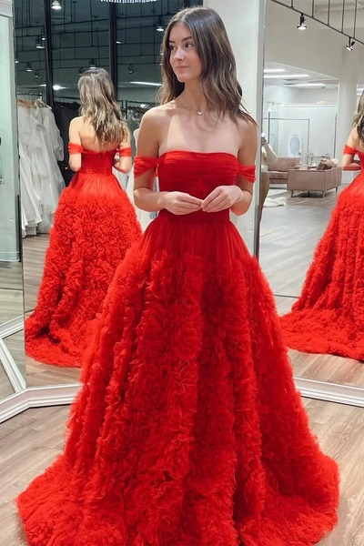  Long Off-the-Shoulder Red Ruffle Prom Dress with Slit,PD230588