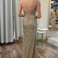 Gold Mermaid Strapless Sequins Prom Dresses with Slit,PD230589 - Thumbnail 1
