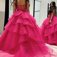  Sweetheart Ball Gown Fuchsia Tiered Tulle Prom Dresses with Appliques,PD230592 - Thumbnail 2