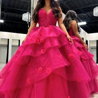  Sweetheart Ball Gown Fuchsia Tiered Tulle Prom Dresses with Appliques,PD230592 - Thumbnail 3