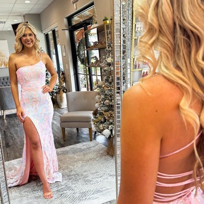 Pink mermaid one shoulder sequin lace  long prom dresses with slit,pd230593