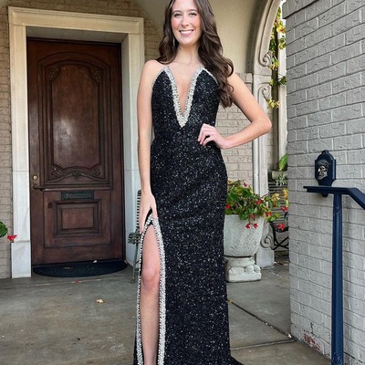 Black mermaid v neck sequin long prom dresses with beads,pd230594